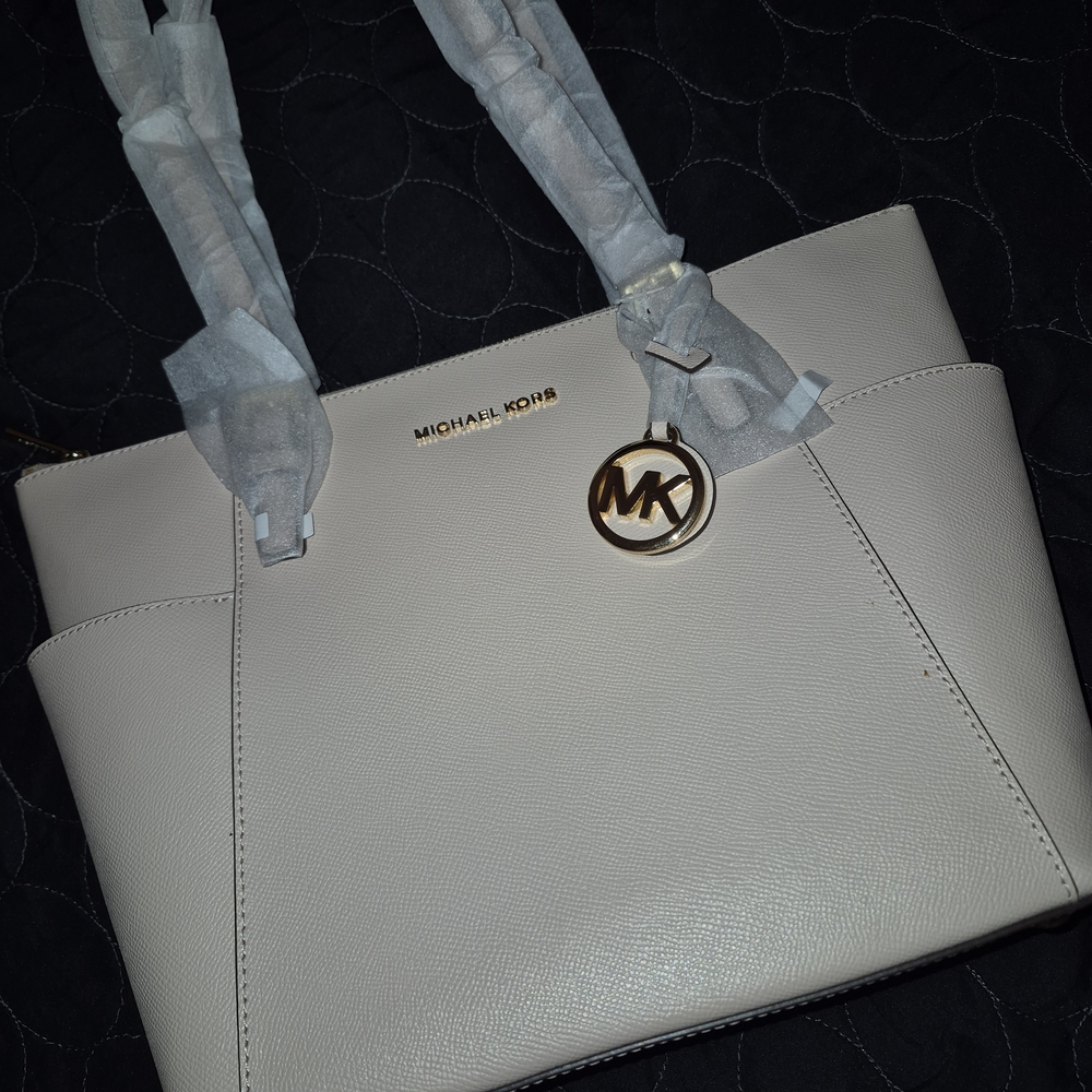 Michael Kors White Pebbled Leather Tote with Gold MK Charm